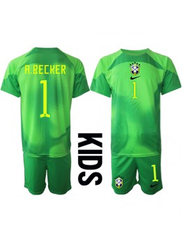 Brasilien Alisson Becker #1 Målvakt Replika Borta Kläder Barn VM 2022 Kortärmad (+ byxor)